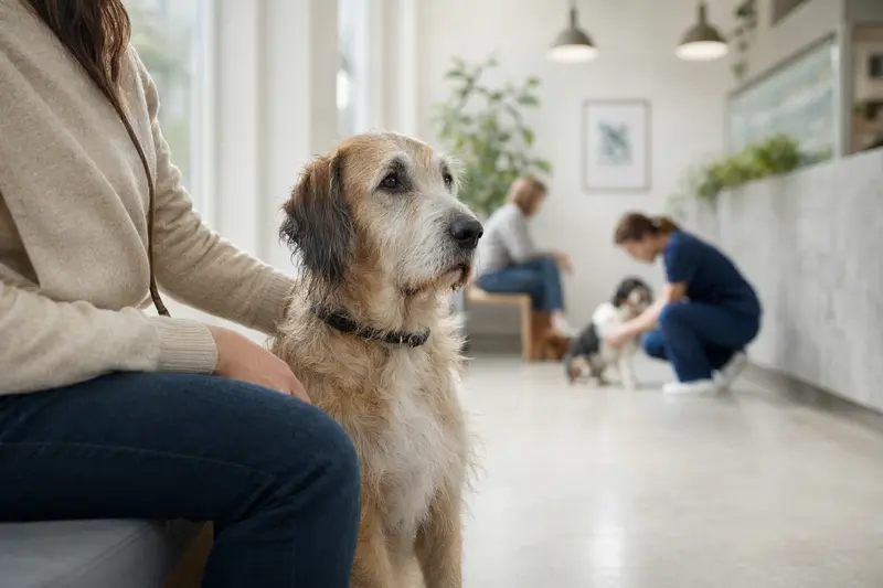 Ein Ariégeois Hund sitzt ruhig neben seinem Besitzer in einem hellen Wartezimmer einer modernen Tierarztpraxis.